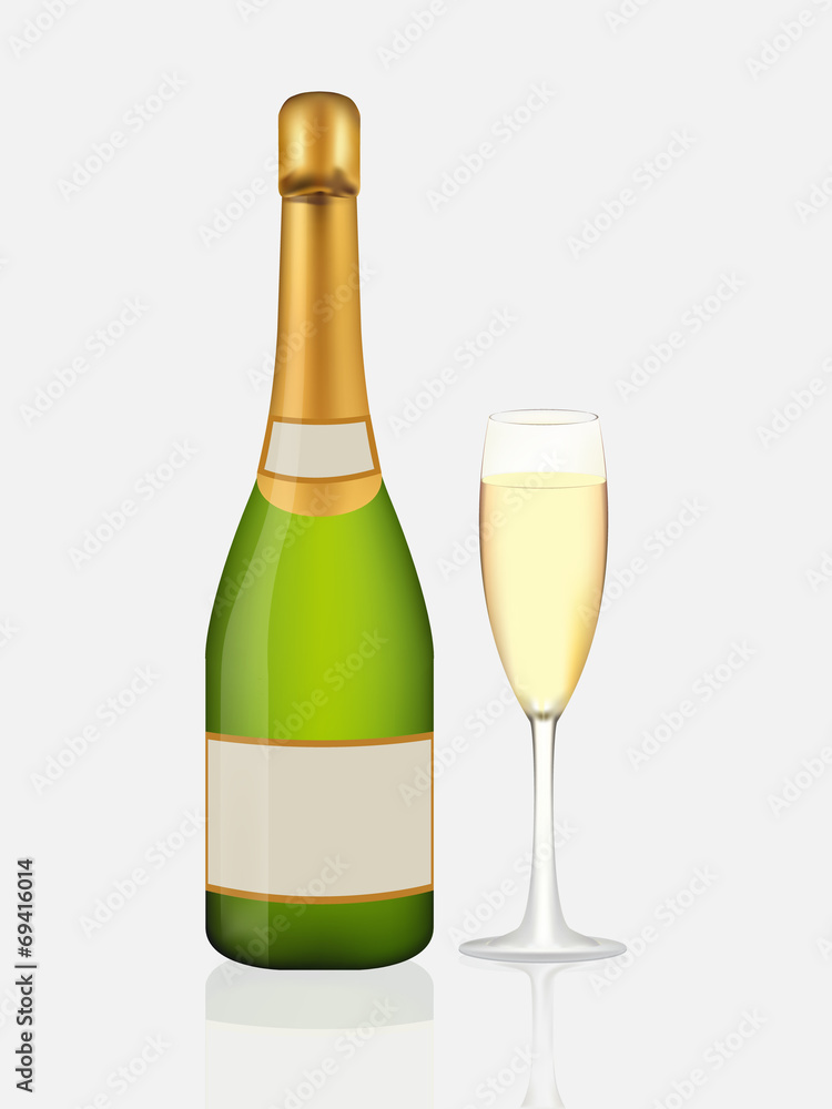 Champagne bottle and champagne glass on white Champagne bottle and champagne glass on white