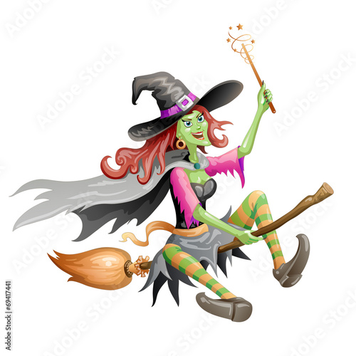 Red haired witch  flying on a broomstick