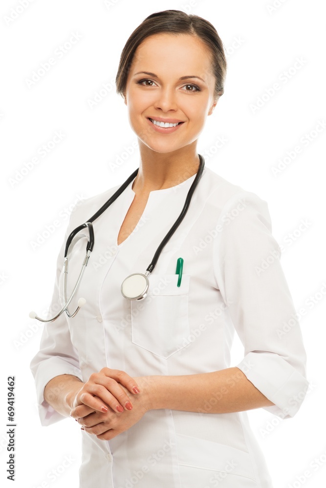 Young positive brunette doctor woman isolated on white Young positive brunette doctor woman isolated on white