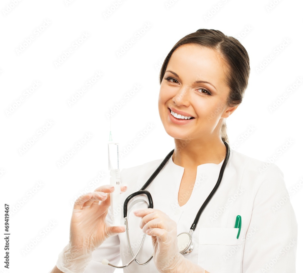 Young doctor woman with syringe isolated on white Young doctor woman with syringe isolated on white