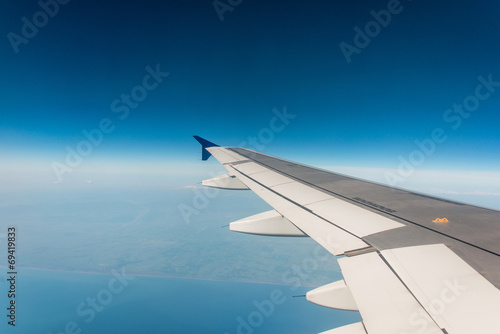 Airplane wing out of window