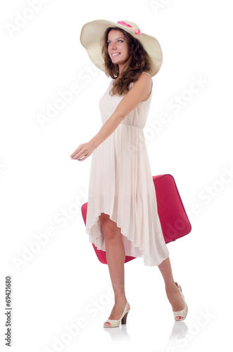 Woman traveller with suitcase isolated on white