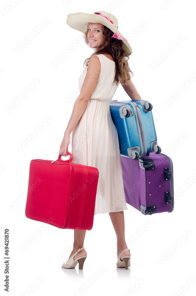 Woman traveller with suitcase isolated on white Woman traveller with suitcase isolated on white