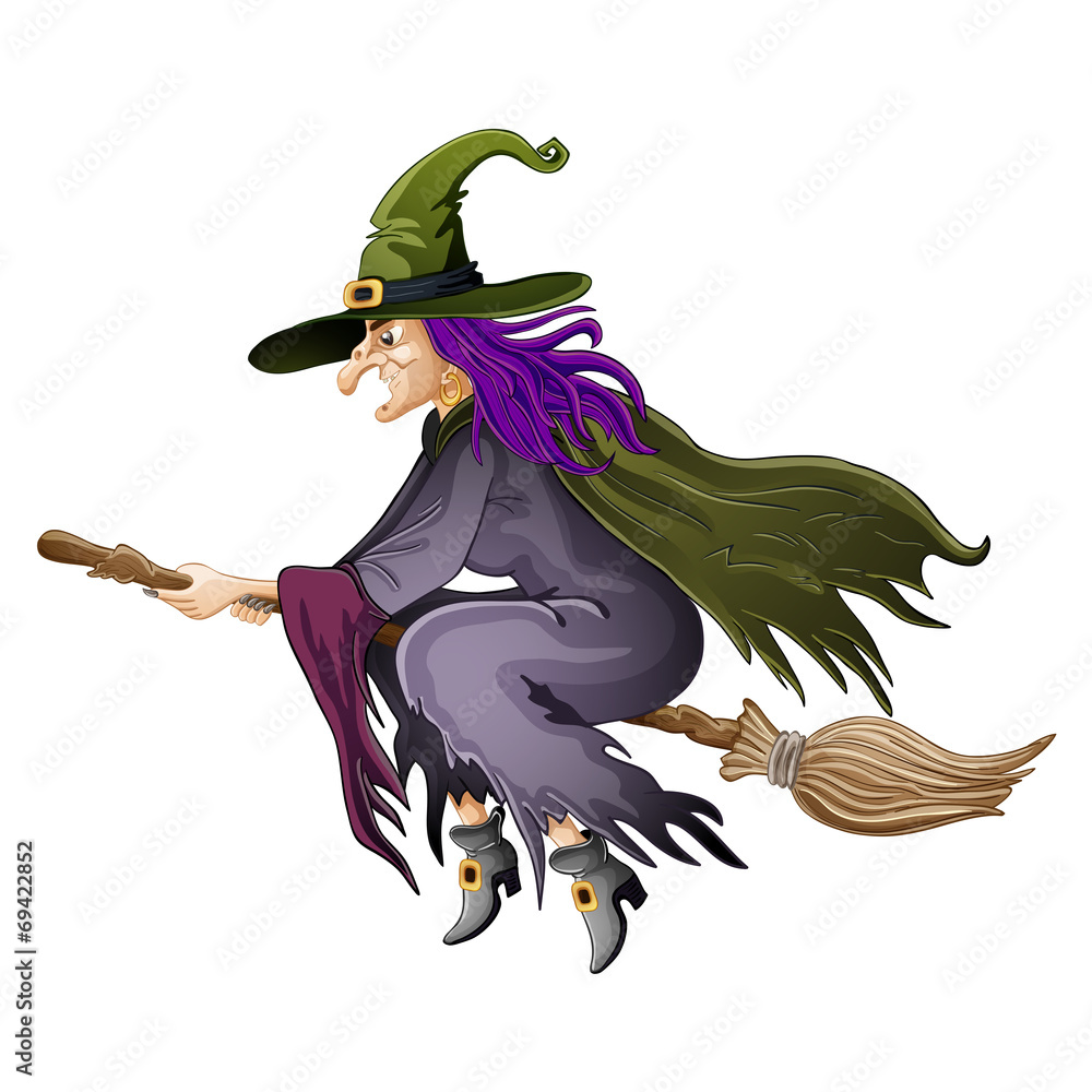 Obraz premium Illustration of Halloween witch flying on broom