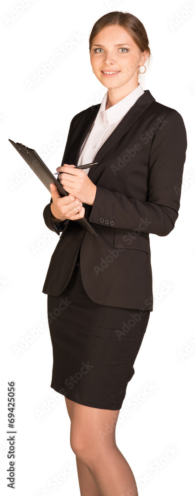 Businesswoman stand holding paper holder