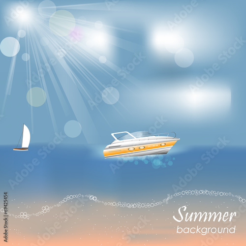 Summer background with a boat on the sea and the beach