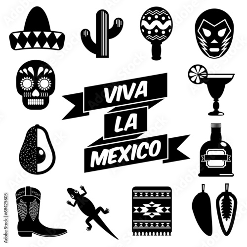 Mexican vector set silhouettes clipart sombrero cactus sugarskull chili peppers viva la mexico isolated on white