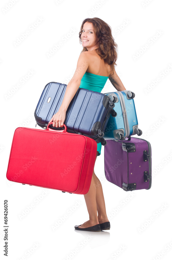 Woman traveller with suitcase isolated on white Woman traveller with suitcase isolated on white