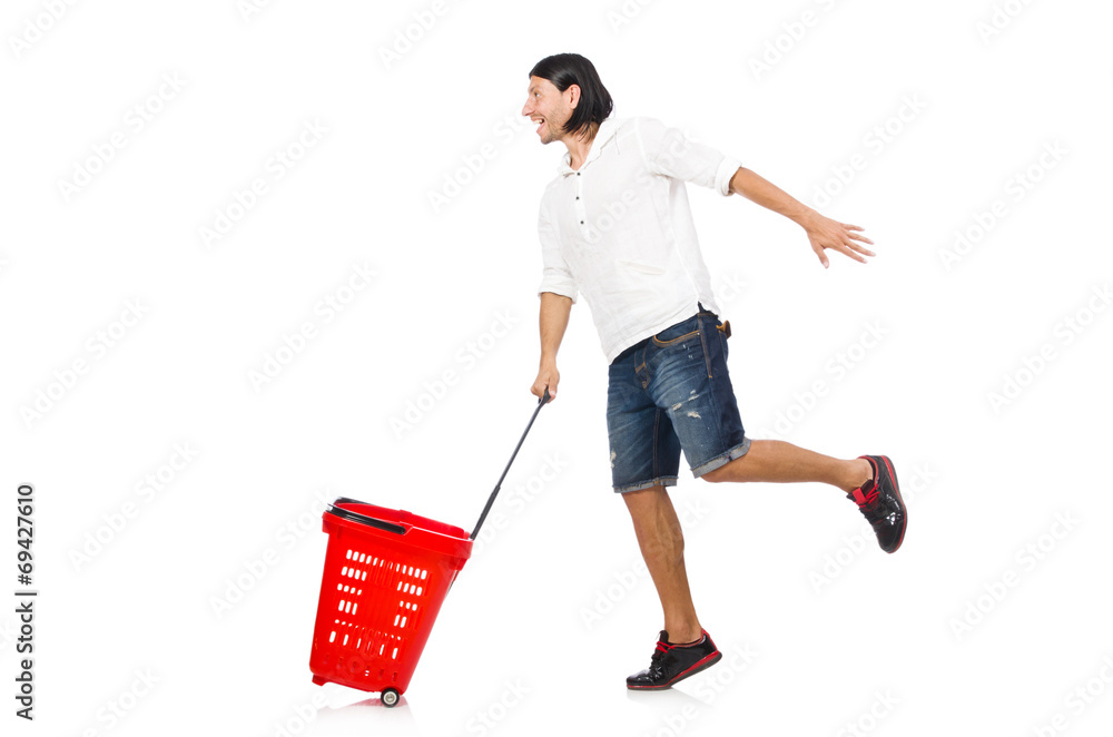 Man shopping with supermarket basket cart isolated on white Man shopping with supermarket basket cart isolated on white
