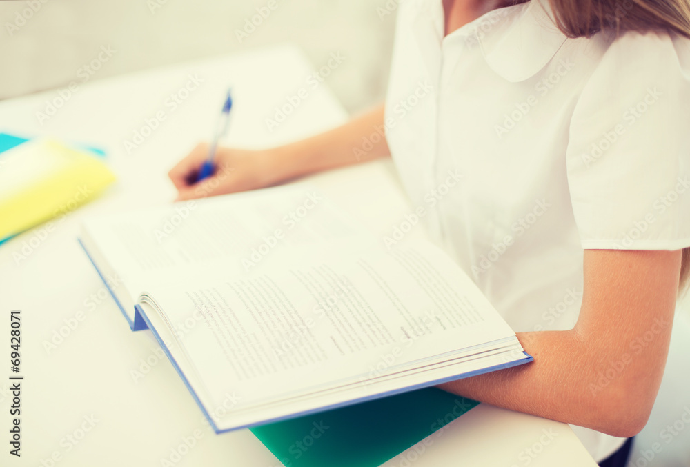 student girl writing in notebook at school student girl writing in notebook at school