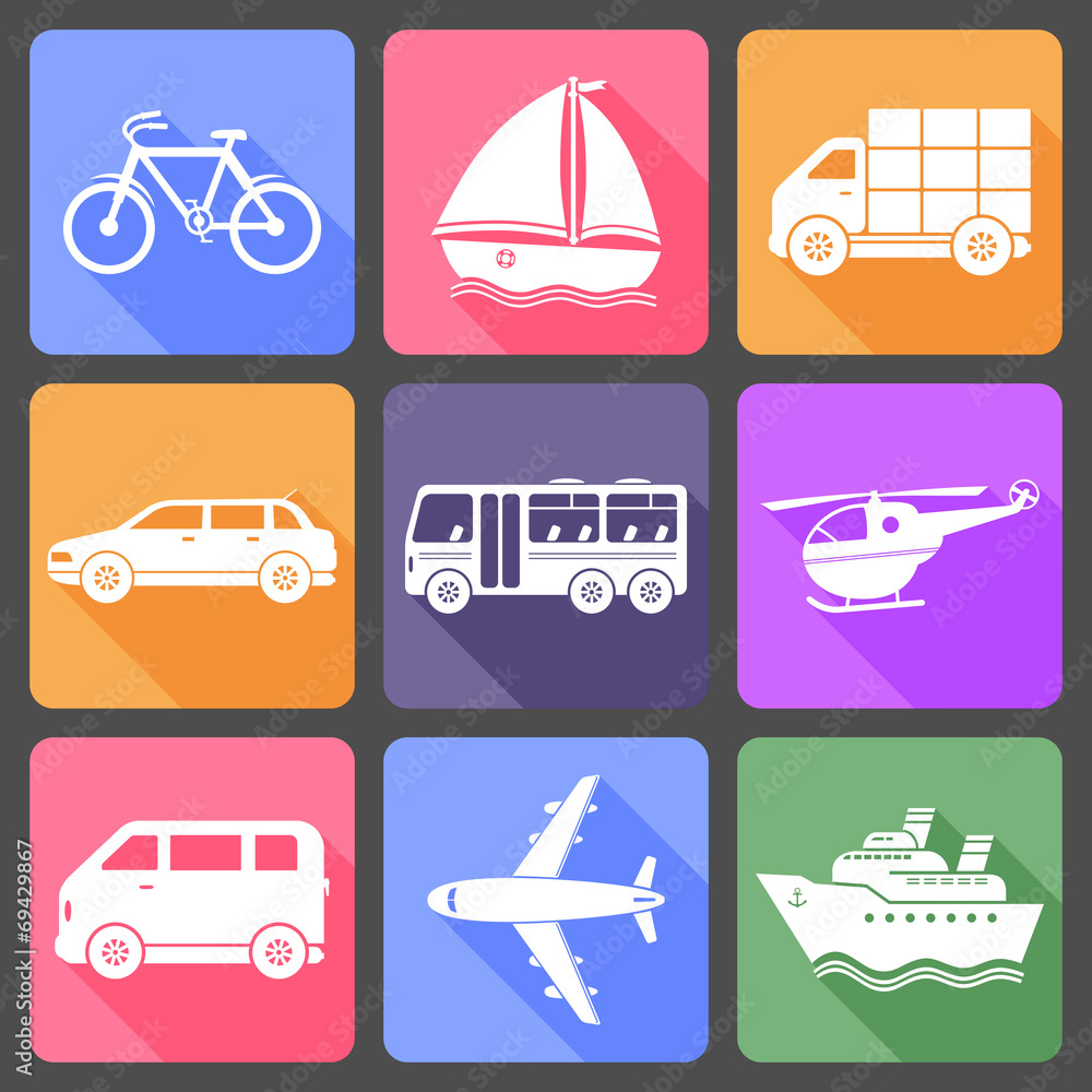 Transportation flat icons with long shadow Transportation flat icons with long shadow
