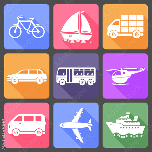 Transportation flat icons with long shadow