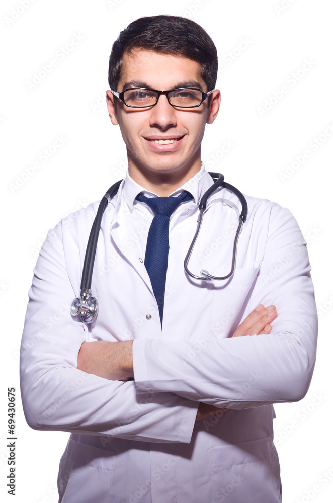 Fototapeta premium Young male doctor isolated on white