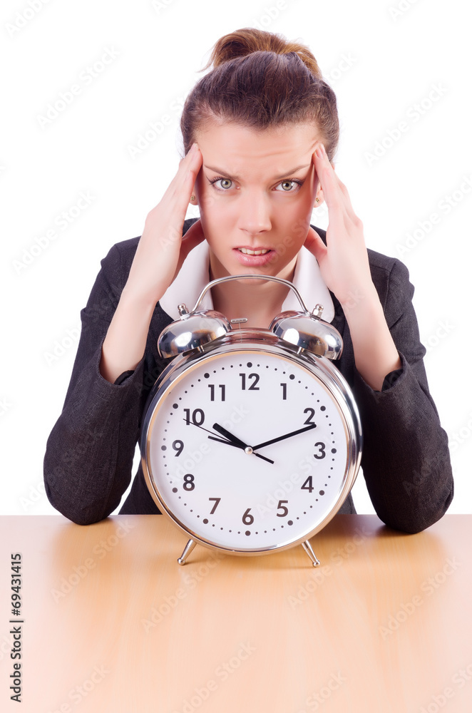 Businesswoman with clock missing her deadlines Businesswoman with clock missing her deadlines