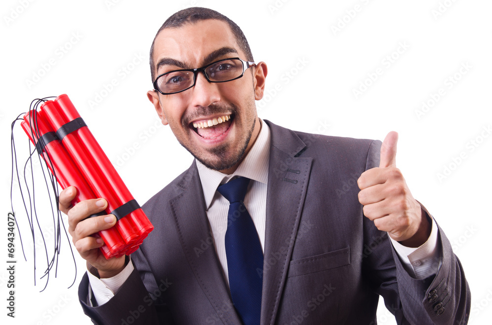 Man with dynamite stick isolated on white Man with dynamite stick isolated on white