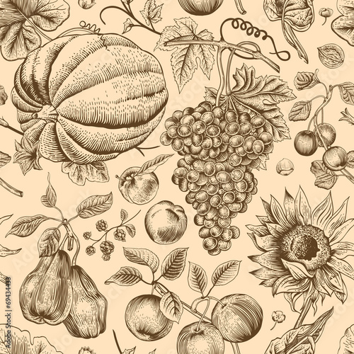 Autumn harvest. Brown pumpkin, sunflower, nuts and fruit.