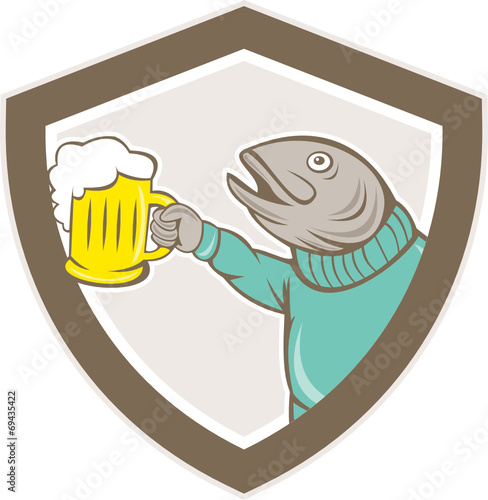 Trout Fish Holding Beer Mug Shield Cartoon