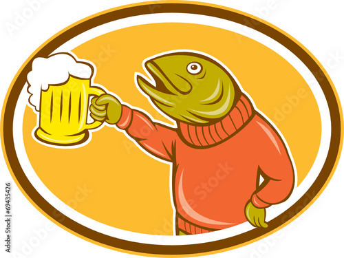 Trout Fish Holding Beer Mug Oval Cartoon
