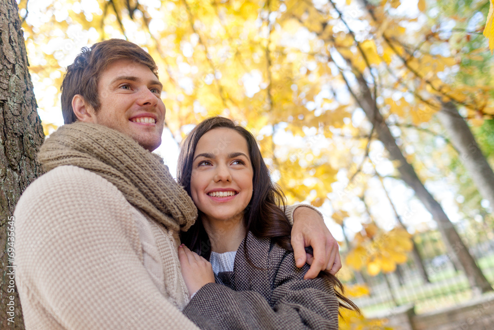 smiling couple hugging in autumn park smiling couple hugging in autumn park