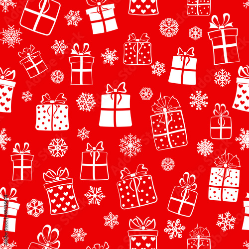 Seamless pattern of gift boxes  white on red