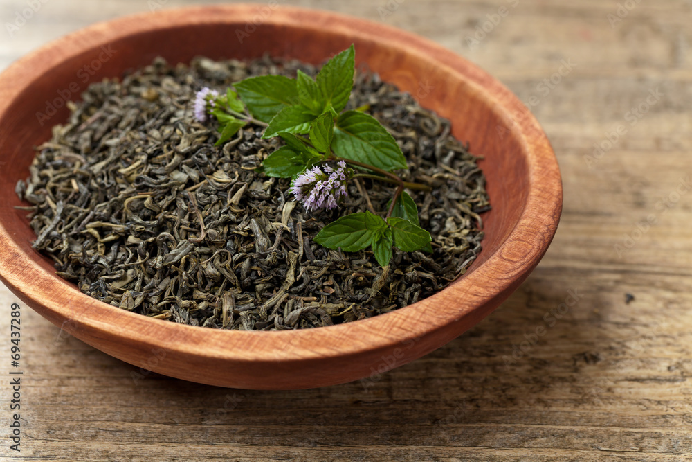 Green tea with mint. Selective focus Green tea with mint. Selective focus