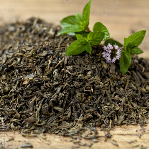 Green tea with mint. Selective focus