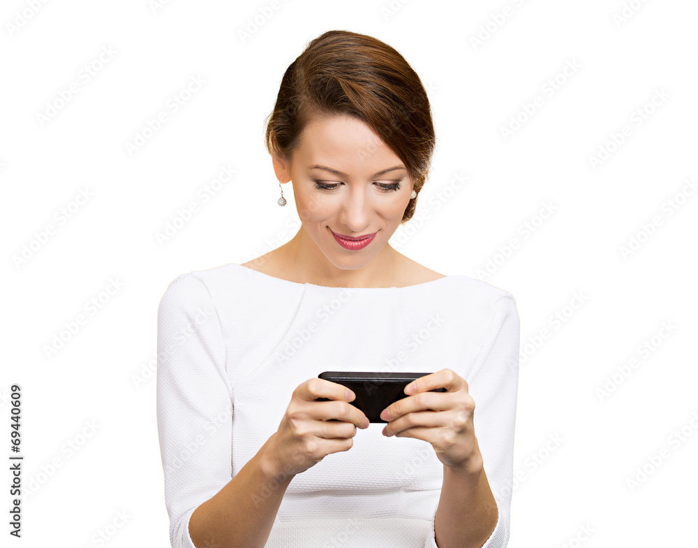 Woman texting on smart phone on white background Woman texting on smart phone on white background