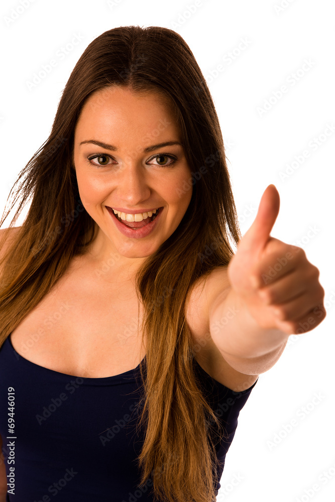 Beautiful asian caucasian woman gesturing success showing thumb Beautiful asian caucasian woman gesturing success showing thumb