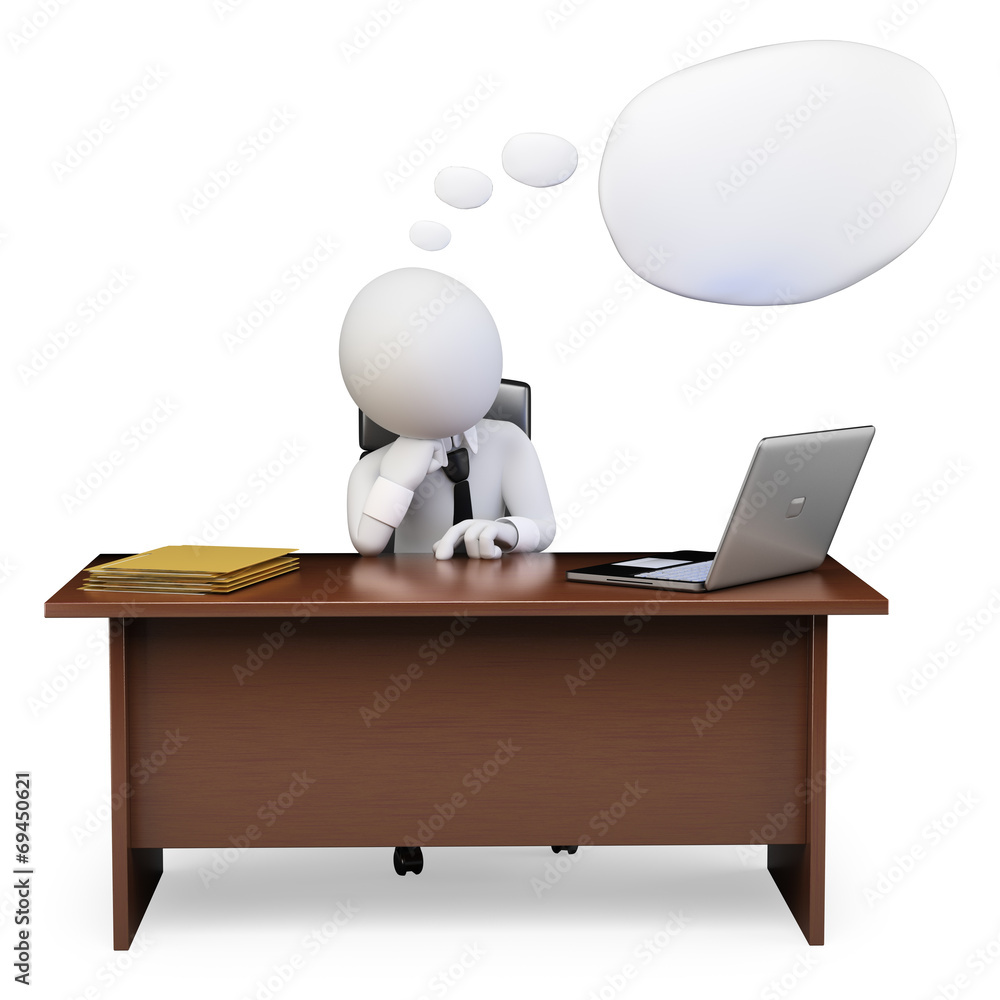 3D white people. Businessman thinking in his office 3D white people. Businessman thinking in his office