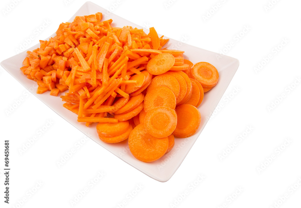 Different style of chopped carrots in white plate Different style of chopped carrots in white plate
