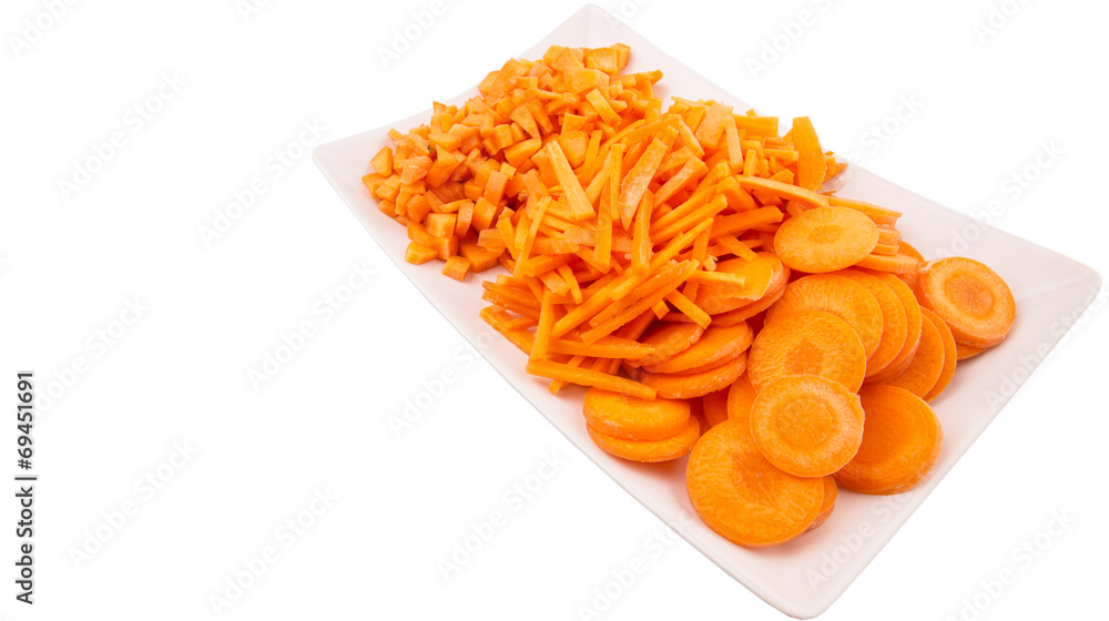 Different style of chopped carrots in white plate Different style of chopped carrots in white plate