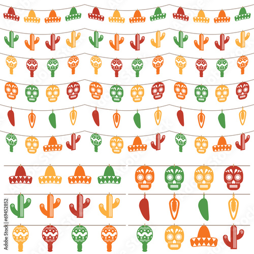 Mexican fiesta party bunting vector clipart cactus sombrero maraca, chili horizontally seamless isolated on white