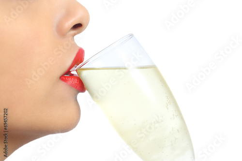 Sticker Woman lips with red lipstick drinking champagne