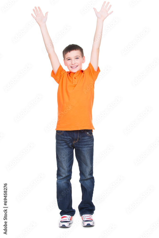 Happy boy with raised hands up. Happy boy with raised hands up.