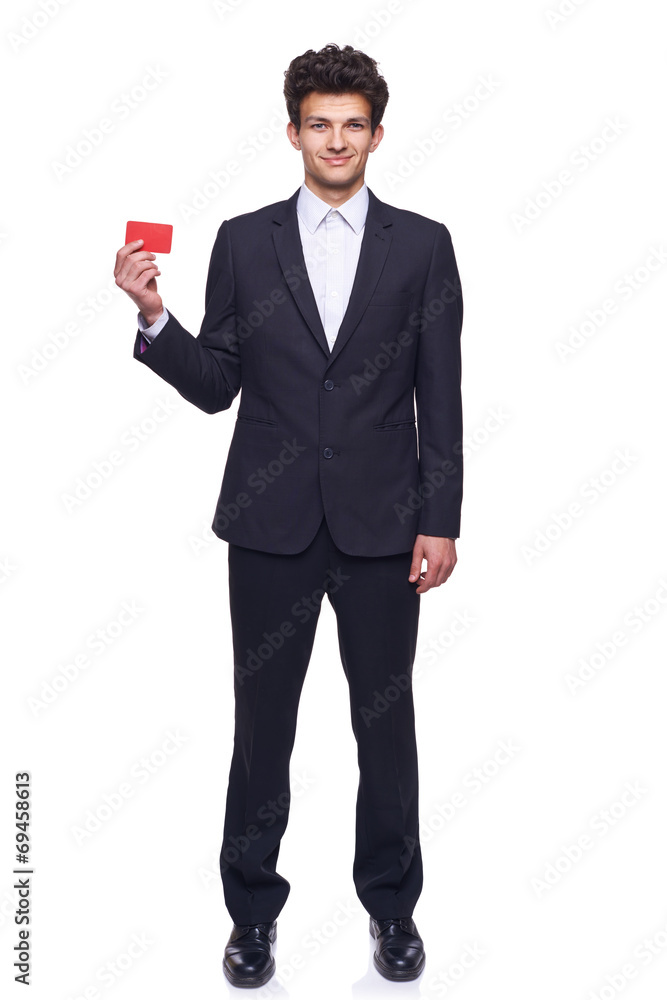 Smiling business man showing blank credit card Smiling business man showing blank credit card