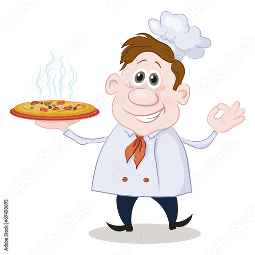 Cartoon cook chef with a hot pizza