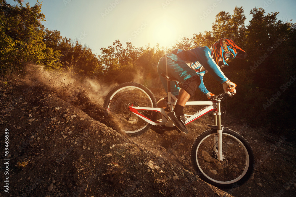 Fototapeta premium Downhill mountain bike. Man cyclist riding bicycle