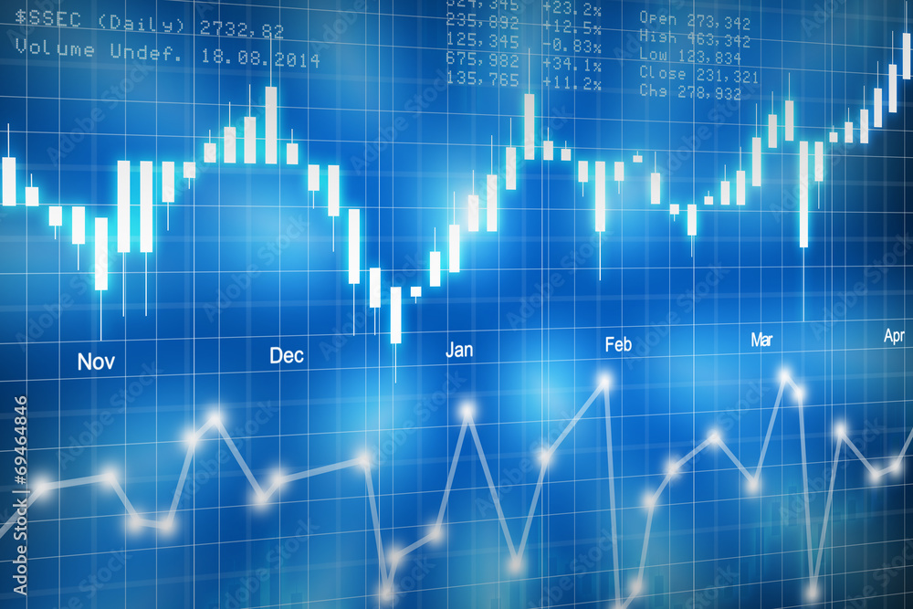 Fototapeta premium Stock market candlestick chart on blue background