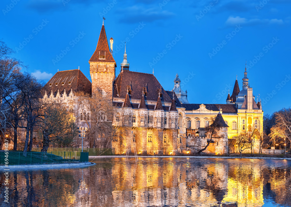 Vajdahunyad castle in the evening with lake, Budapest, Hungary