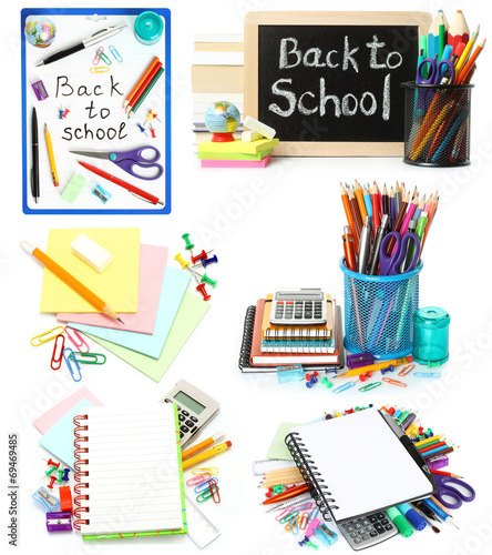 Set of school stationery on white background .