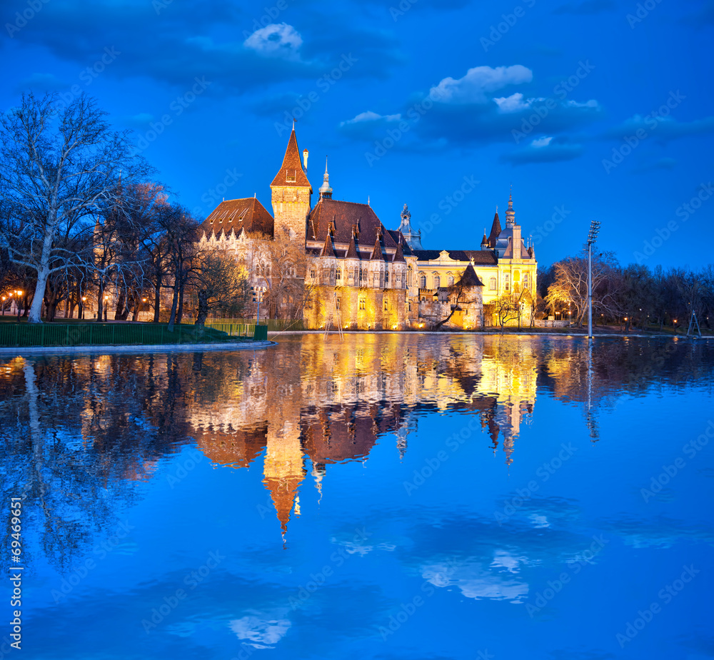 Vajdahunyad castle in the evening with lake, Budapest, Hungary