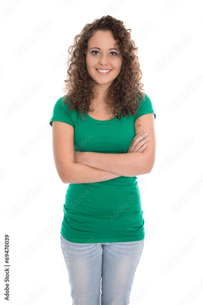 Hübsches junges Mädchen lässig in Shirt grün und Jeans Hübsches junges Mädchen lässig in Shirt grün und Jeans