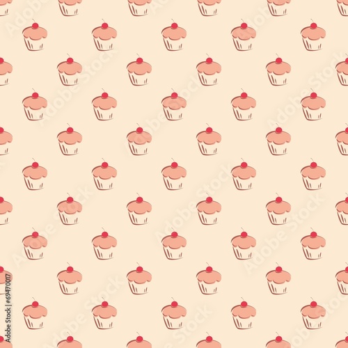 Tile vector pattern with cherry cupcakes on beige background