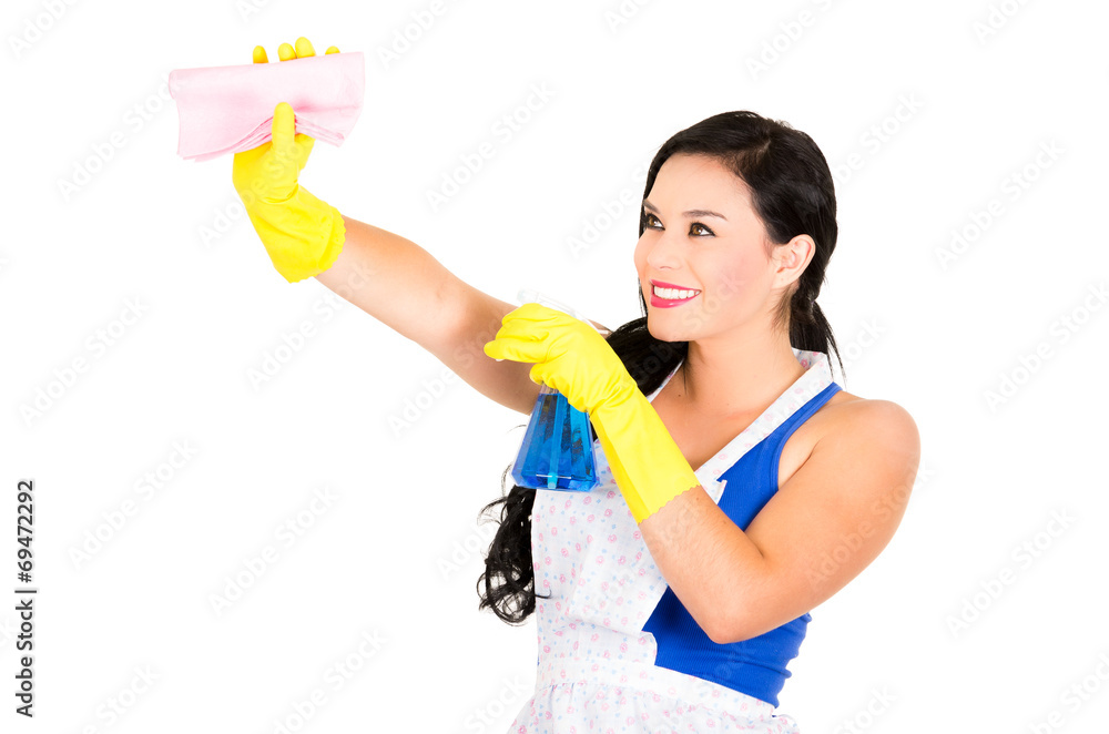 Beautiful young girl wearing apron and gloves cleaning Beautiful young girl wearing apron and gloves cleaning