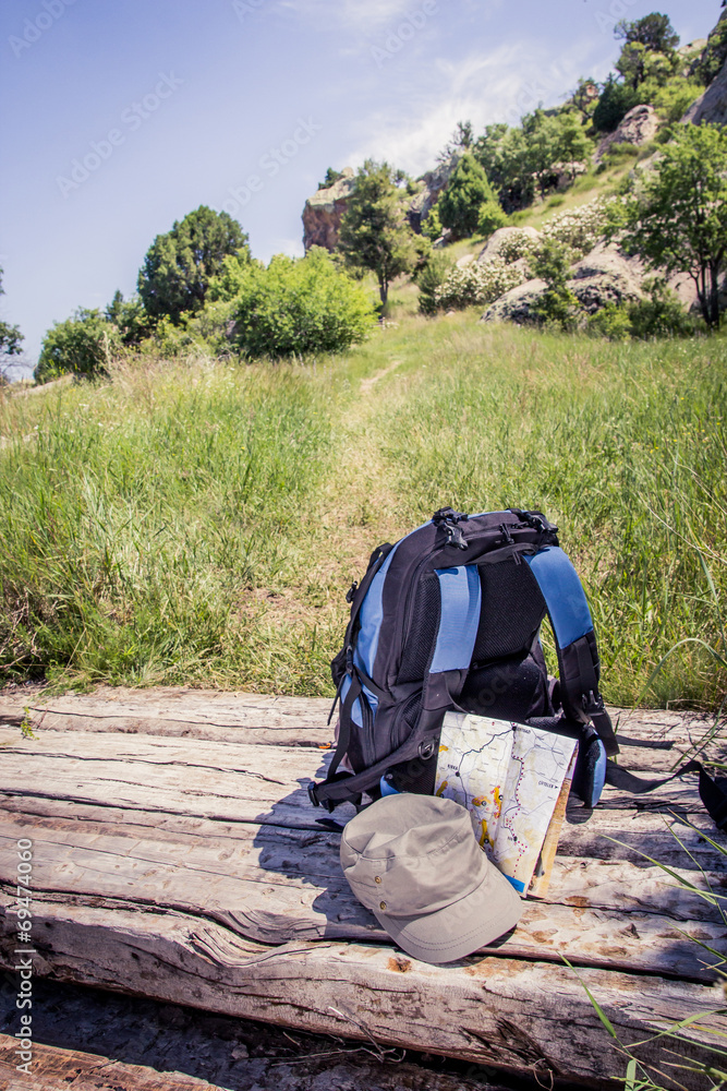 Hiking with bag and accessories for adventure. Hiking with bag and accessories for adventure.