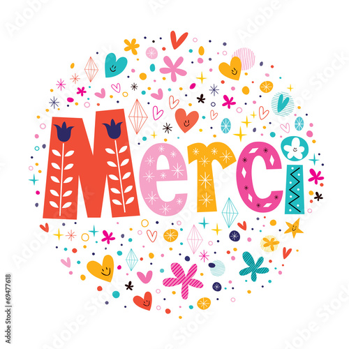 Word Merci Thanks in French typography lettering text card