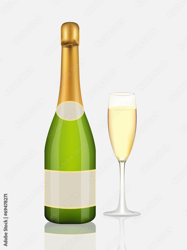 Champagne bottle and champagne glass on white Champagne bottle and champagne glass on white