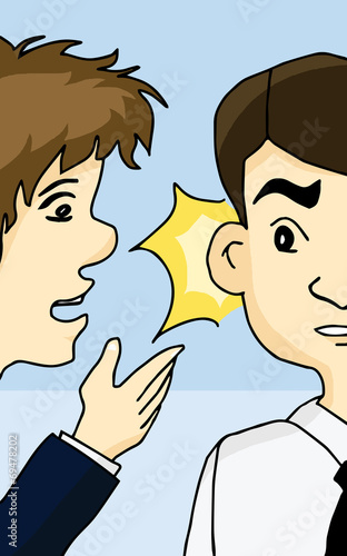 Guy whispering into man's ear telling about something