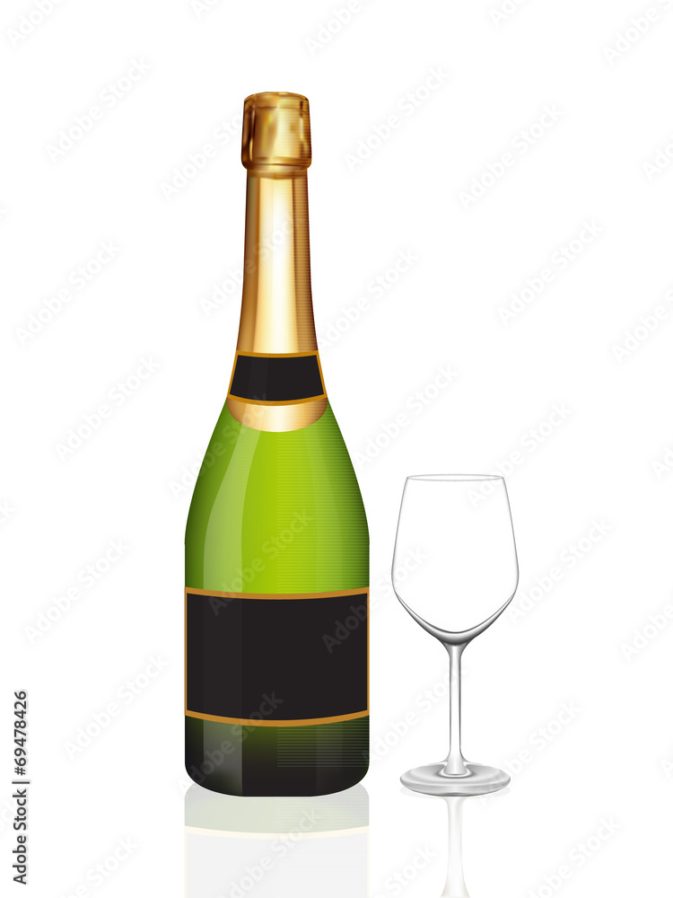 Champagne green bottle and champagne glass on white Champagne green bottle and champagne glass on white