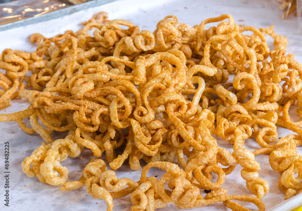 Close Up of crispy pork rinds In market Close Up of crispy pork rinds In market
